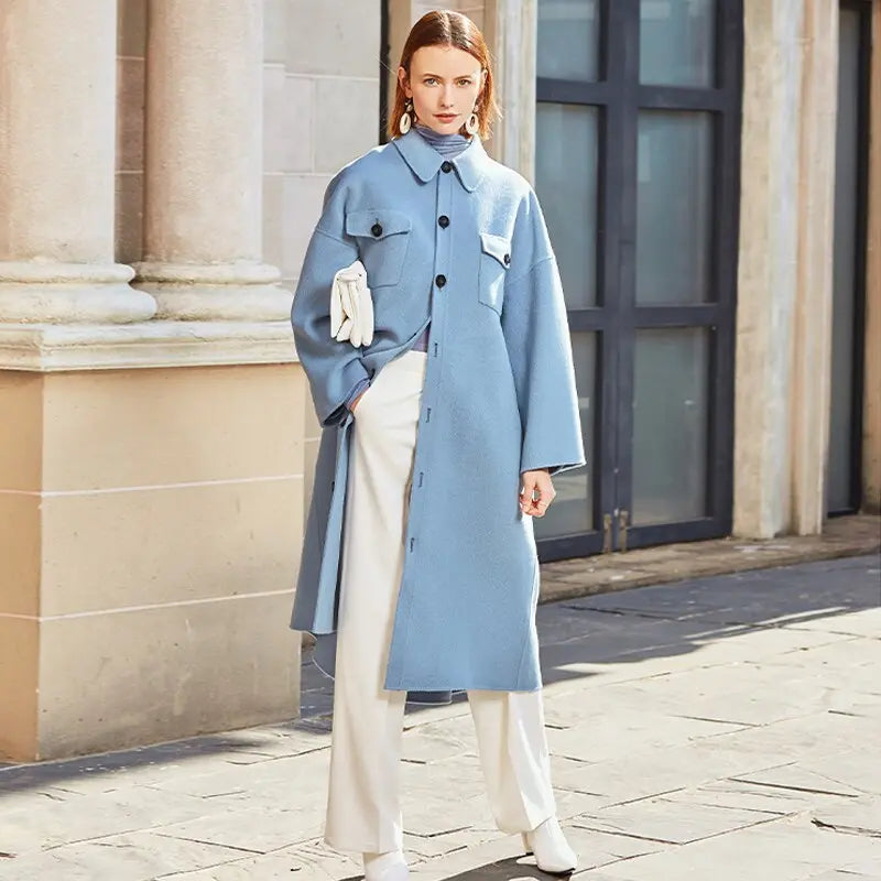 AEL winter  wool double woolen coat women Gray-blue Retro wide sleeves overcoat fashion loose lady long outcoat eprolo