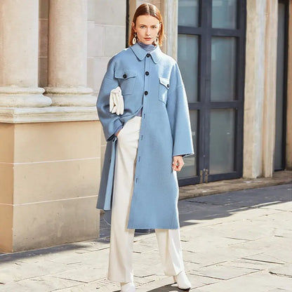 AEL winter  wool double woolen coat women Gray-blue Retro wide sleeves overcoat fashion loose lady long outcoat eprolo