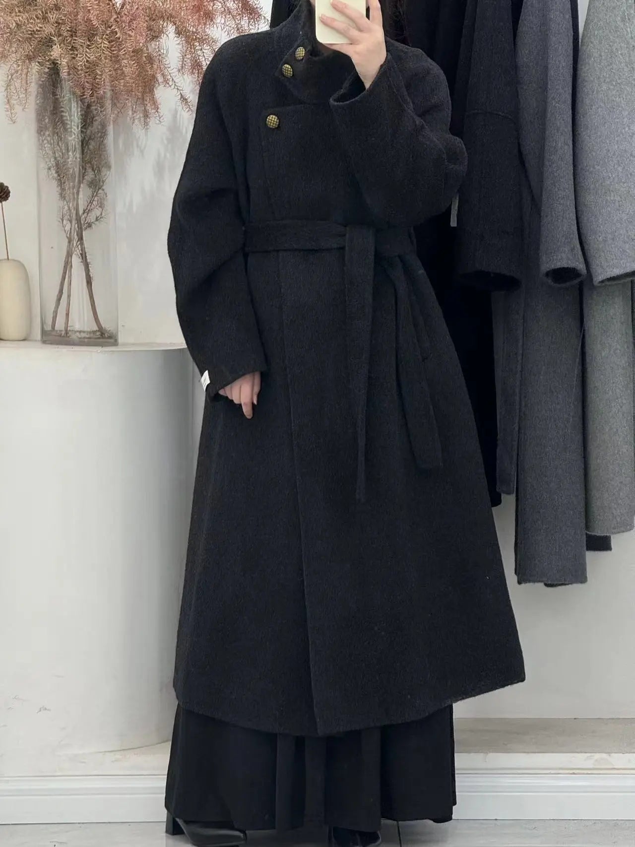 Vintage Hepburn style stand up collar long handmade double-sided wool coat, tall tie up eprolo