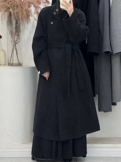 Vintage Hepburn style stand up collar long handmade double-sided wool coat, tall tie up eprolo