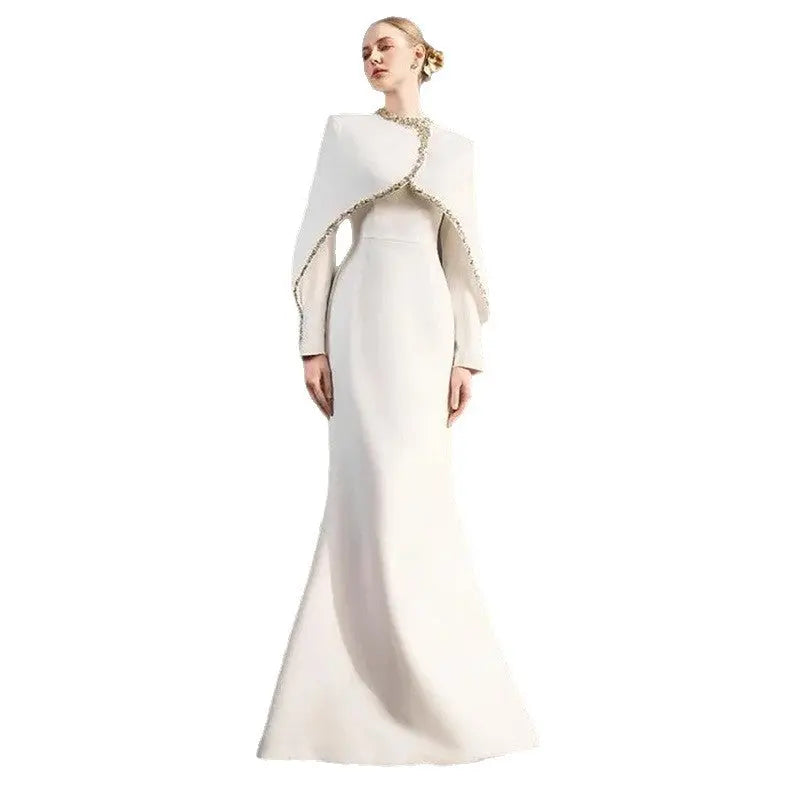 Beaded and Rhinestone Embellished Long Dress with Bat Sleeves eprolo