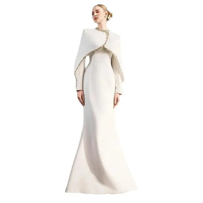 Beaded and Rhinestone Embellished Long Dress with Bat Sleeves eprolo