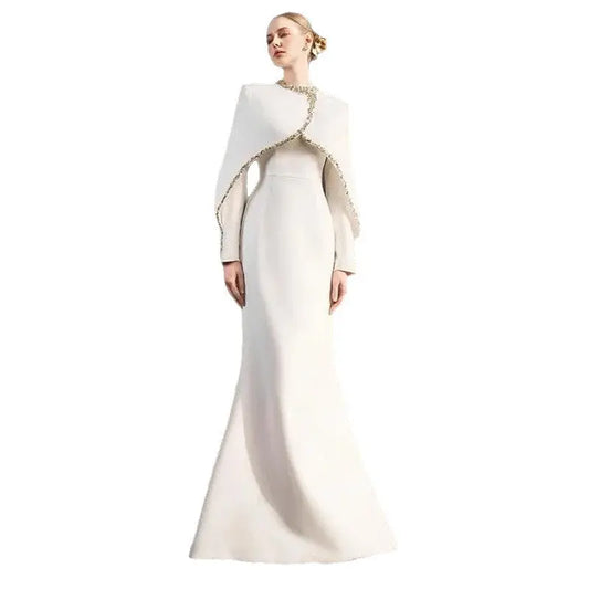 Beaded and Rhinestone Embellished Long Dress with Bat Sleeves eprolo