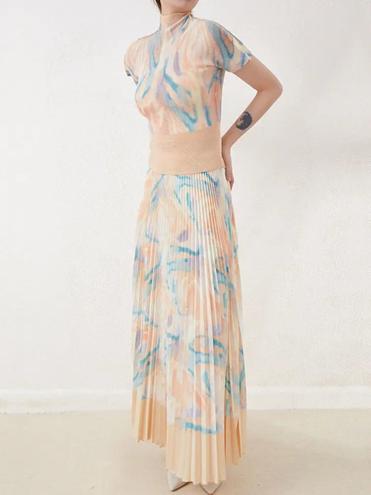 Two Pieces Pleated Set Women Turtleneck Short Sleeve T Shirt Long Loose Skirts Retro Sets Female Elegant Clothing eprolo