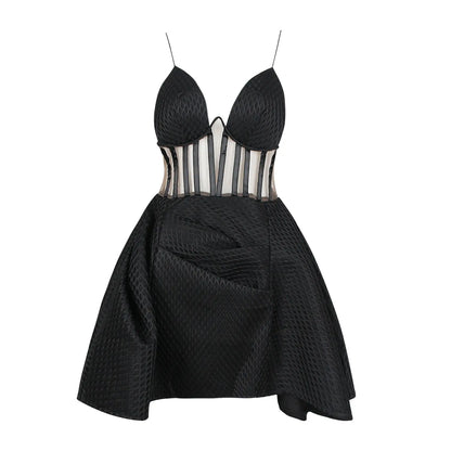 Summer Fashion Sexy Suspenders Mesh See-Through Pleated Backless Tutu Skirt Stunning Commuter High Waist Dress eprolo
