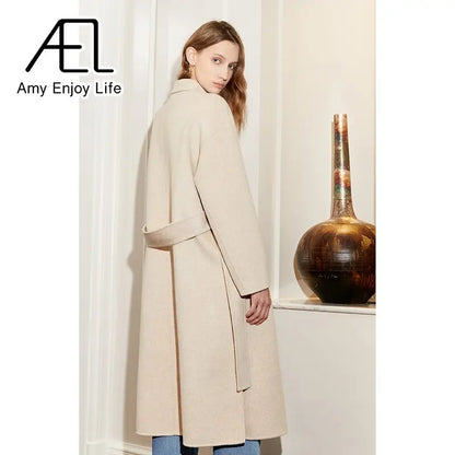 Wool Slim Fit Coat Autumn and Winter New Medium Long Lace up Vintage Slouchy Woolen Coat eprolo