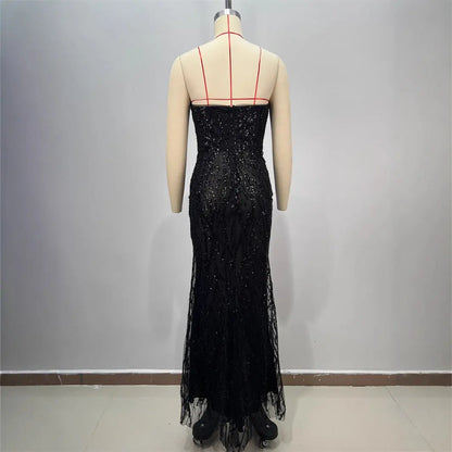 Shiny Sequin Evening Dress Long V-neck Waist-tightening Fitted Dress Mermaid Long Dress Women eprolo