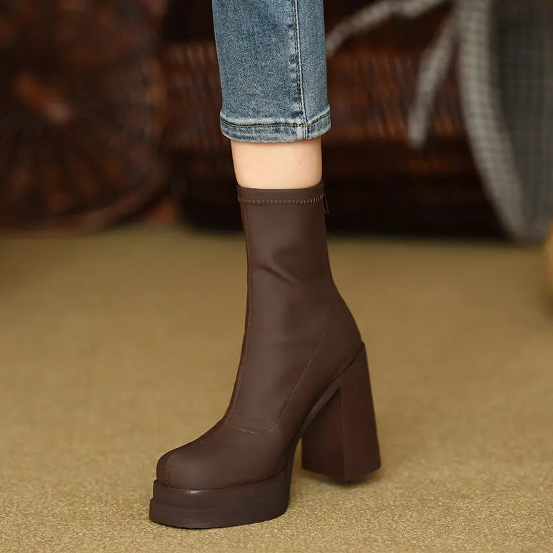 Elastic Slim Boots Thick Heel Short Boots Women's New High Heel Shoes Autumn Winter Thick Sole Square Head Women's Boots eprolo