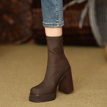 Elastic Slim Boots Thick Heel Short Boots Women's New High Heel Shoes Autumn Winter Thick Sole Square Head Women's Boots eprolo