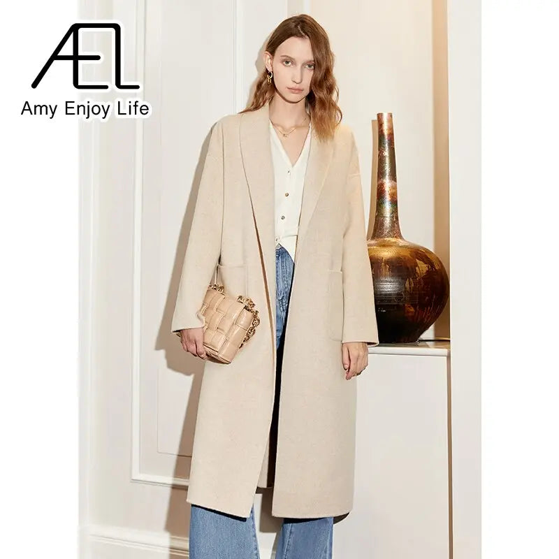 Wool Slim Fit Coat Autumn and Winter New Medium Long Lace up Vintage Slouchy Woolen Coat eprolo