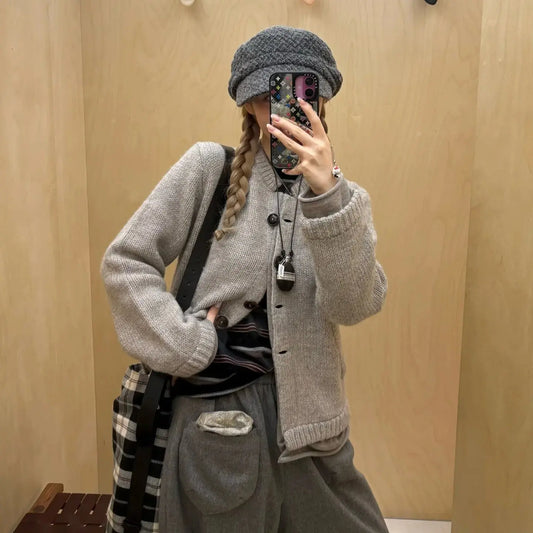 Autumn/Winter New Vintage Mock Two-Piece Ribbed Knit Sweater Cardigan Women's Long Sleeve Coat Top Gray eprolo