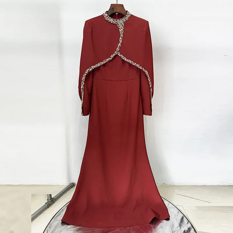 Beaded and Rhinestone Embellished Long Dress with Bat Sleeves eprolo