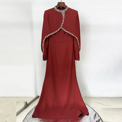 Beaded and Rhinestone Embellished Long Dress with Bat Sleeves eprolo