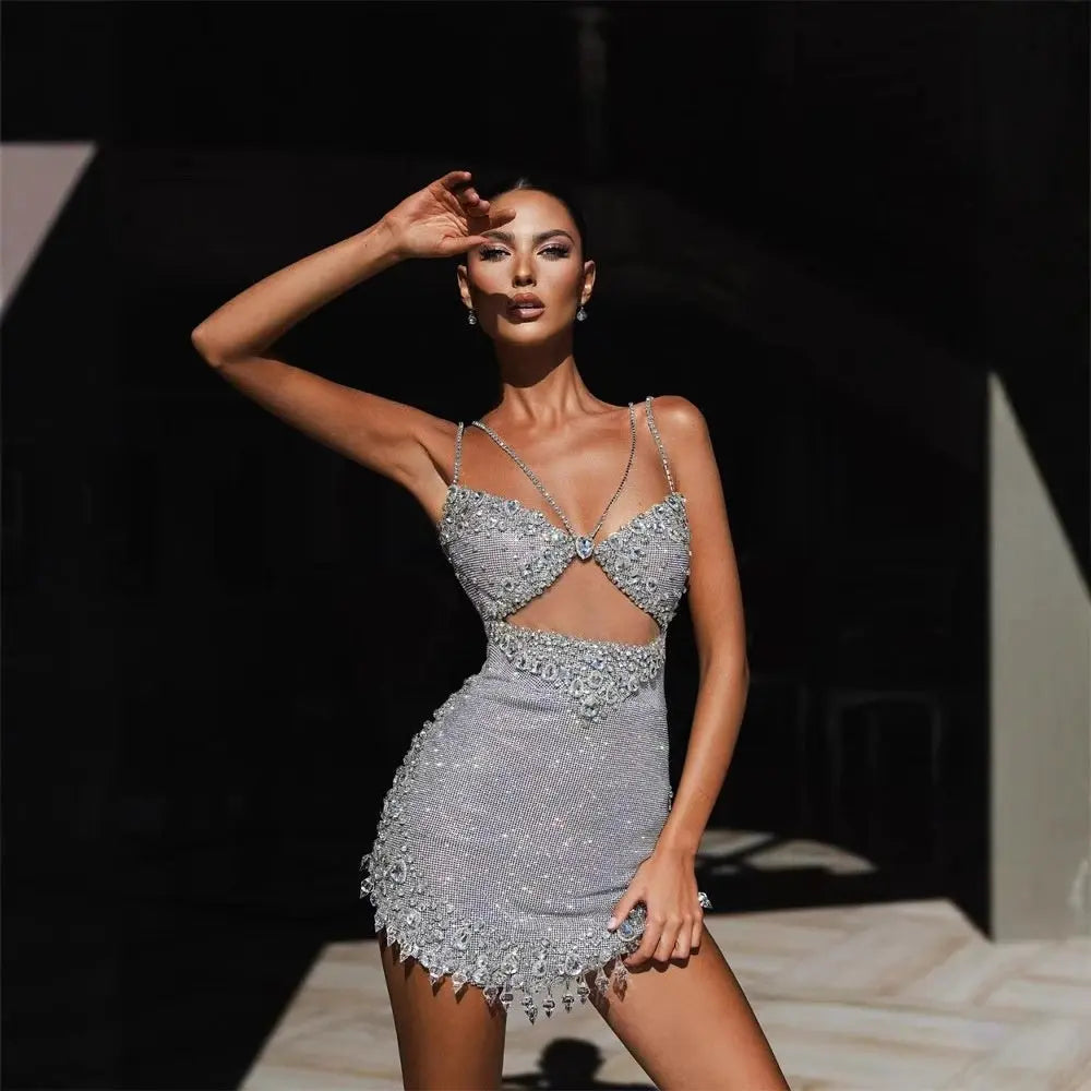 Fashionable Backless Strapless Fitted Mesh Beaded Casual Mini Bodycon Dress for Women eprolo