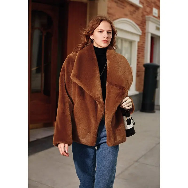 Caramel Fashionable Large Lapel Fur Coat Women's Autumn And Winter Thickened Short Coat eprolo