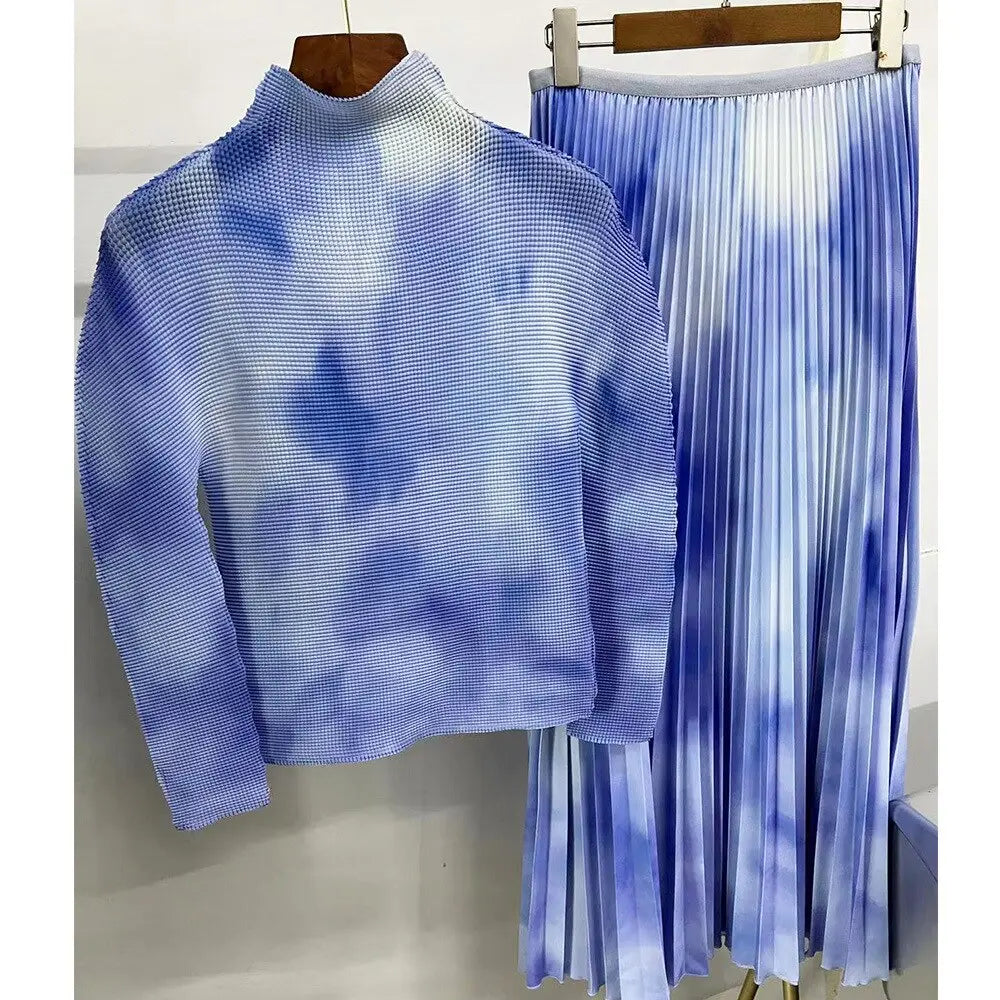 Long Halfskirt Set Women's Fashion Women's Spring New Long Sleeve Pleated T-shirt Pleated Skirt Two Piece Set eprolo