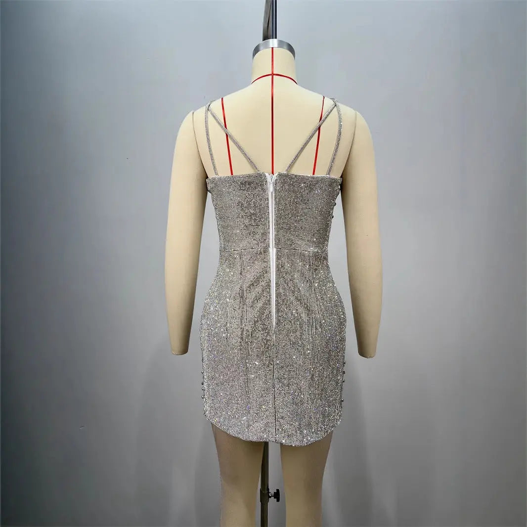 Fashionable Backless Strapless Fitted Mesh Beaded Casual Mini Bodycon Dress for Women eprolo