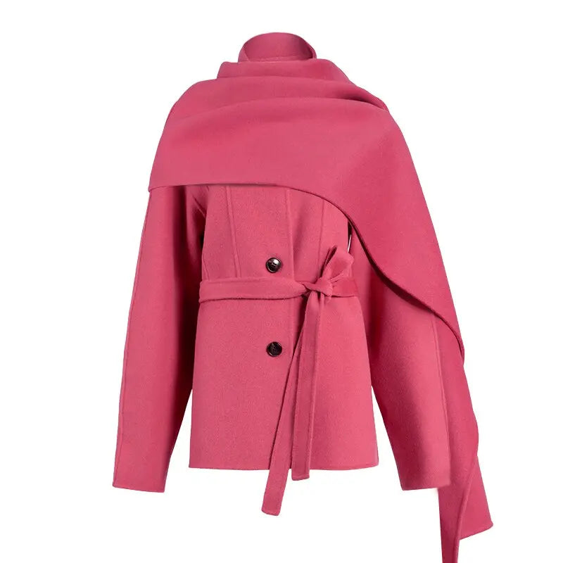 100% Wool Woolen Coat With Belt Spring Autumn Jacket For Women Solid With Scarf Warm Fashion Streetwear eprolo
