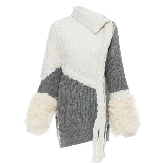 Asymmetrical Split Fur Big Size Knitting Sweater Loose Fit  Long Sleeve Women New Fashion Trend Spring Autumn eprolo