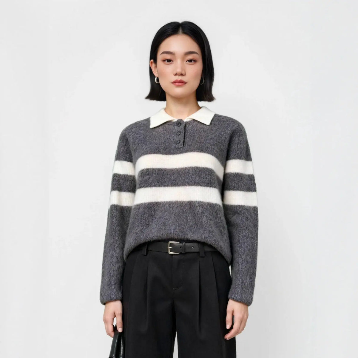 Polo Collar Striped Colorblock Wool Fleece Sweater Women's Loose Fit All-Match Crew Neck Knit Top eprolo