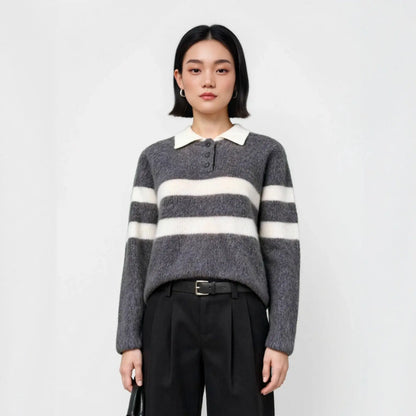 Polo Collar Striped Colorblock Wool Fleece Sweater Women's Loose Fit All-Match Crew Neck Knit Top eprolo