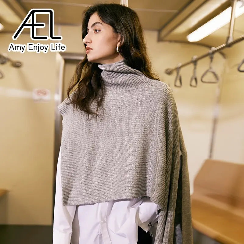 High Neck Sweater Women's Loose Slouchy Shawl Spring Summer New Cape Wool Top eprolo