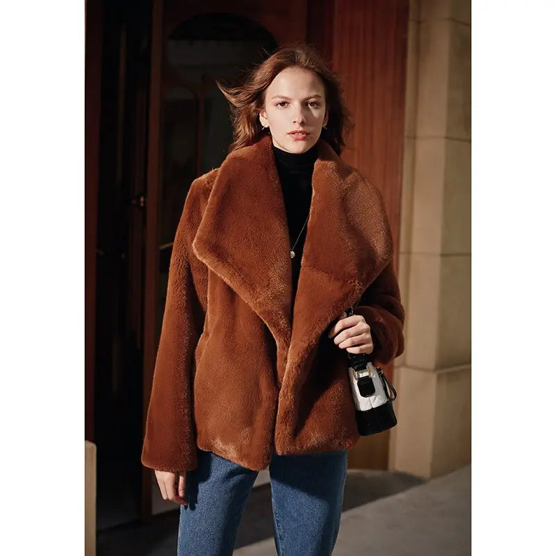 Caramel Fashionable Large Lapel Fur Coat Women's Autumn And Winter Thickened Short Coat eprolo