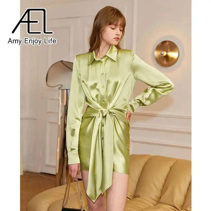 AEL New Women Satin Shirt Mini Dress Summer Casual Loose Elegant Party Belt One Piece Clothes Vestidos Streetwear eprolo