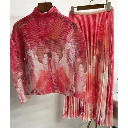 Long Halfskirt Set Women's Fashion Women's Spring New Long Sleeve Pleated T-shirt Pleated Skirt Two Piece Set eprolo