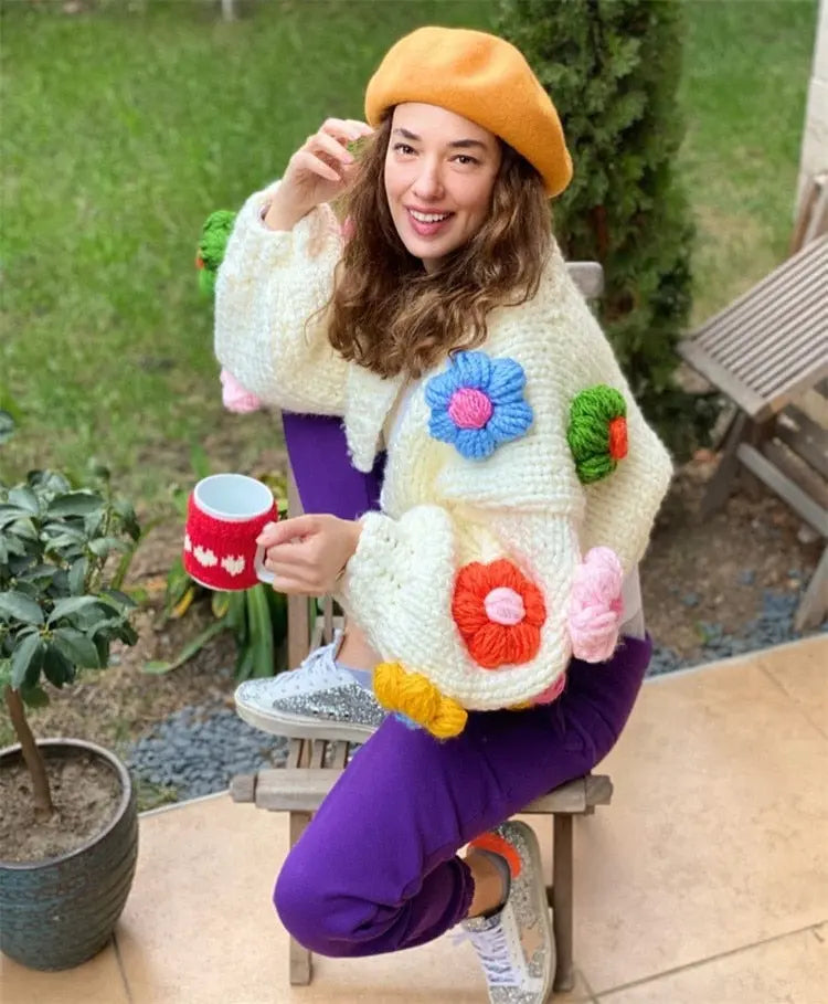 Long Sleeve Jumper Mesh Outwear Sweet Flower 3D Loose Cardigan for Women Autumn Winter Cute Floral Sweater Jacket eprolo