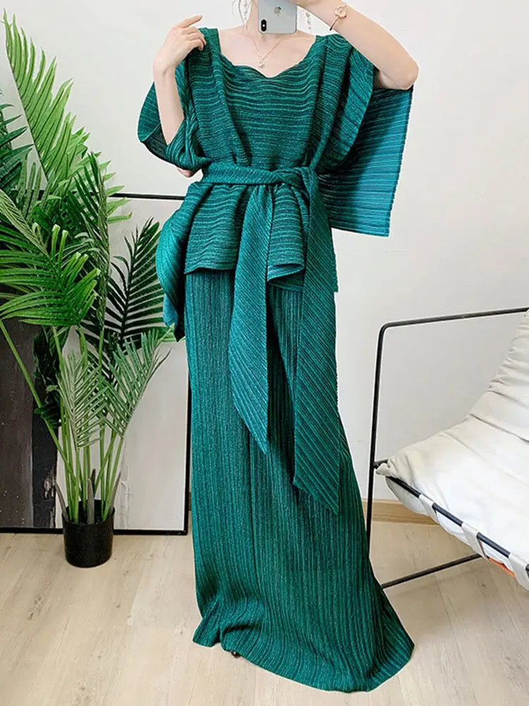 Two Pieces Pleated Skirt Set For Women Batwing Sleeves Loose Top With Long Length Skirts Female Elegant Clothing eprolo