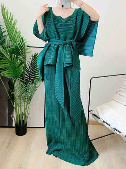 Two Pieces Pleated Skirt Set For Women Batwing Sleeves Loose Top With Long Length Skirts Female Elegant Clothing eprolo