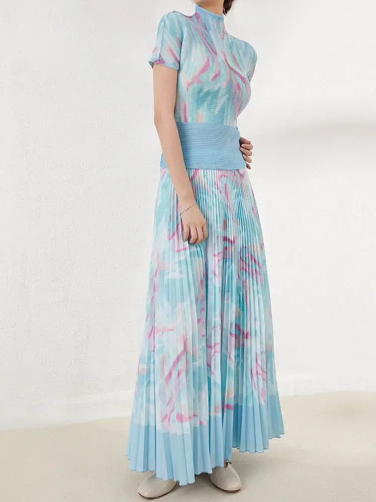 Two Pieces Pleated Set Women Turtleneck Short Sleeve T Shirt Long Loose Skirts Retro Sets Female Elegant Clothing eprolo