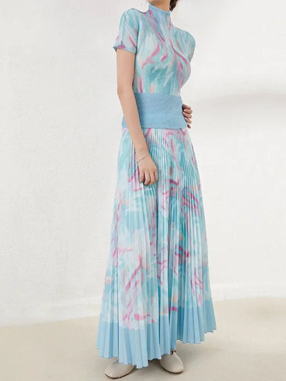 Two Pieces Pleated Set Women Turtleneck Short Sleeve T Shirt Long Loose Skirts Retro Sets Female Elegant Clothing eprolo