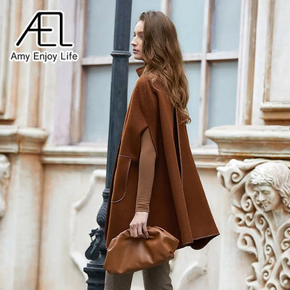 AEL Winter Wool Coat Women's Poncho Jacket Warm Cape Overcoat Long Cloak Outwear Casual Shawl Female eprolo
