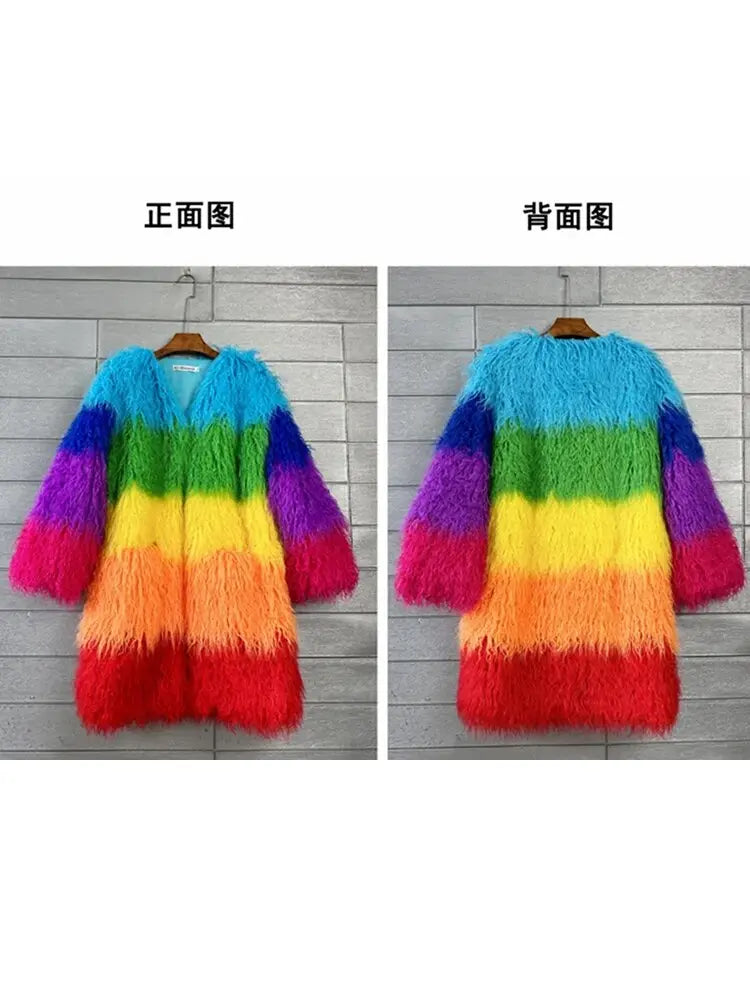 Niche Rainbow Winter Faux Fur Coat Loose Splicing Contrast Color Long Jacket Shaggy Outerwear Women's Clothing Free Shipping eprolo