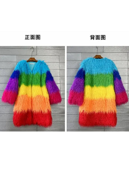 Niche Rainbow Winter Faux Fur Coat Loose Splicing Contrast Color Long Jacket Shaggy Outerwear Women's Clothing Free Shipping eprolo