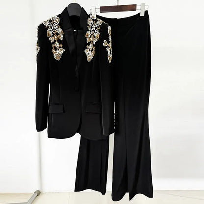 Fashion heavy industry diamond studded nail bead stand collar suit jacket with split pants set eprolo