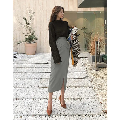 Gray fashion leather skirt female autumn and winter khaki white high waist one step skirt package hip half-length long skirt eprolo