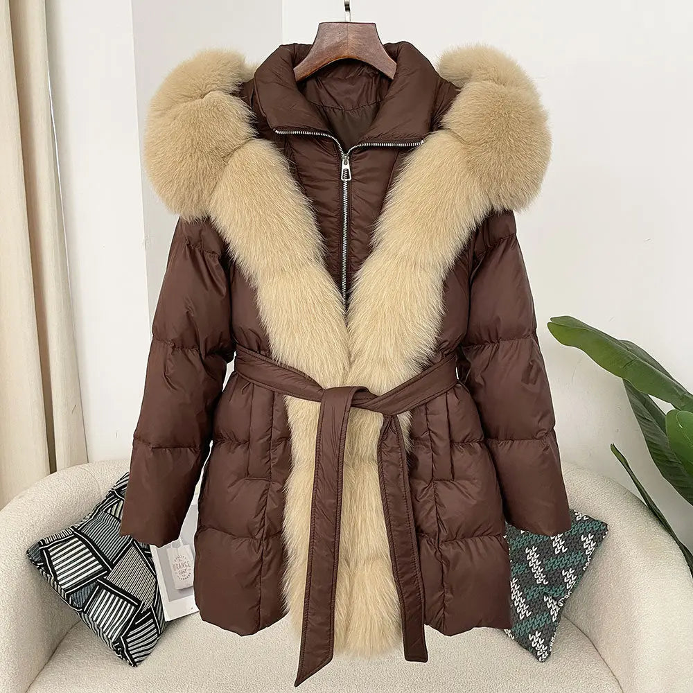 Hooded down jacket women's fox fur collar eprolo