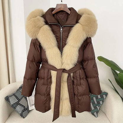 Hooded down jacket women's fox fur collar eprolo
