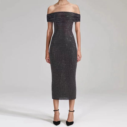 Heavy hot drilling midi dress women Slash neck sexy slim long dress eprolo