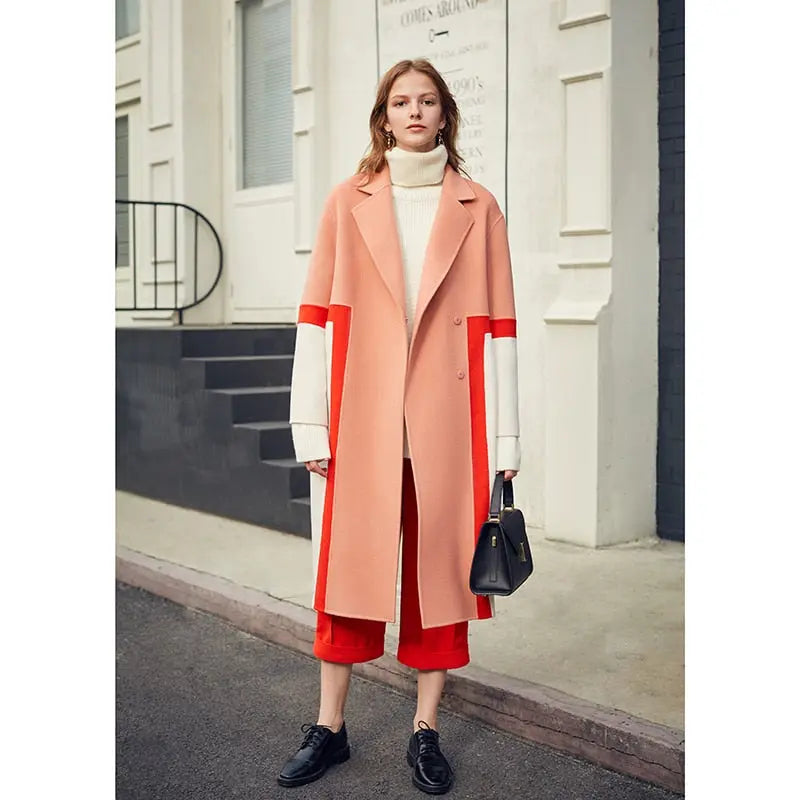 Show High Stitching Collision Color Niche Design Sense Double-Sided Wool Long Coat Female Winter eprolo