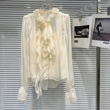 Autumn New Blusas Mujer Three-Dimensional Flower Pleated Lace Elegant Chiffon Blouse Solid Color Shirt For Women's Clothes eprolo