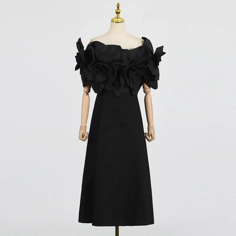 French Sexy One-Shoulder Dress with Floral Patchwork and Waist-Cinching Long Length eprolo