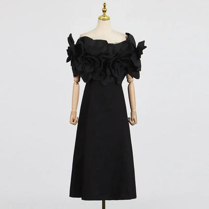 French Sexy One-Shoulder Dress with Floral Patchwork and Waist-Cinching Long Length eprolo