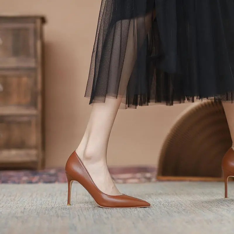 Tikicup Solid Khaki Brown Matte Women Pointed Toe Stiletto High Heels Slip On OL Dress Shoes Elegant Ladies Formal Pumps eprolo