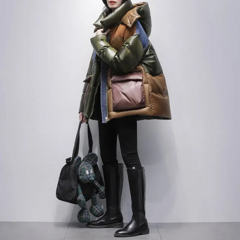 Contrasting Color Denim Stitching Down Jacket Women's Mid Length Winter New Hooded Loose Thin Thickening Trend Coat eprolo