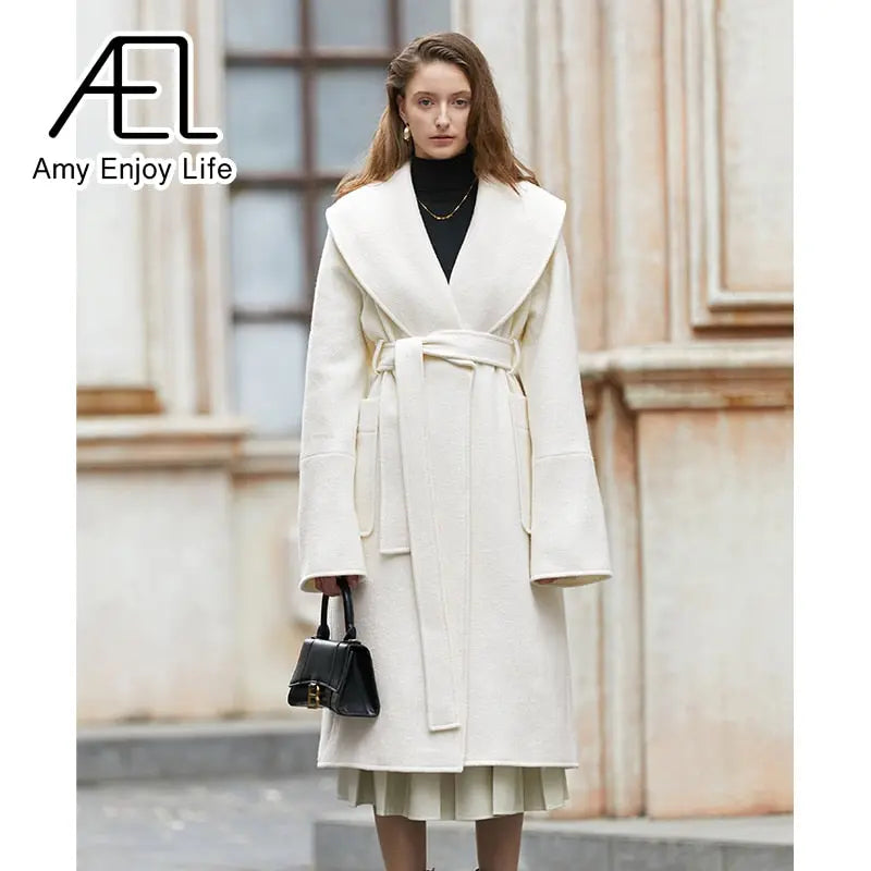 Retro Large Lapel White Tweed Jacket Female Winter New Waist Lacing Tweed Coat eprolo