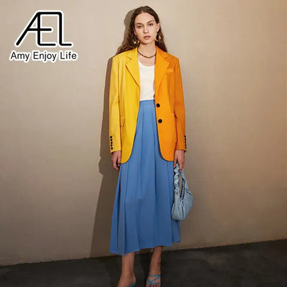 AEL Yellow Blazer Jacket Causal Women Long-Sleeve Loose Coat Color Blocking Fashion Streetwear eprolo